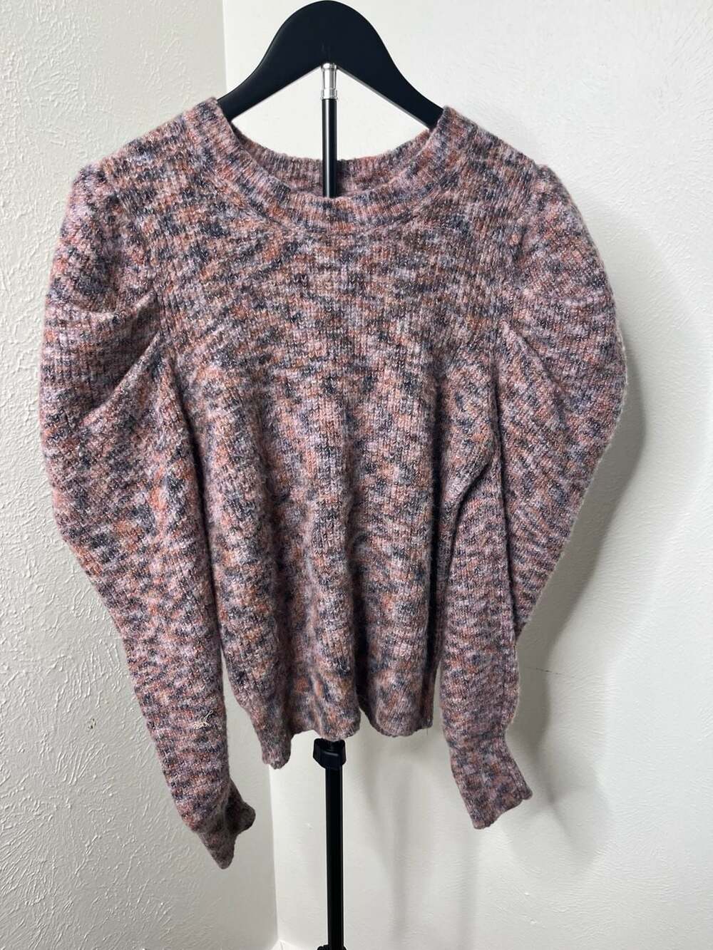 Pink Multicolor Marled Puff Sleeve Sweater Cottagecore Cozy Knit